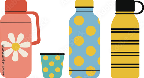 Colorful Thermos and Mug Vector Set Hot Drinks for Travel & Picnic