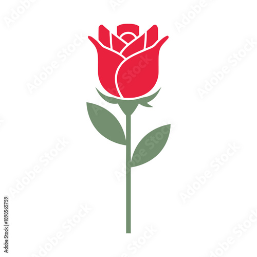 Classic bright red rose illustration on a green stem, the universal symbol of passionate love and deep desire.