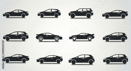 Collection of Black Car Silhouettes on White Background.