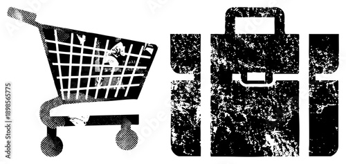 Retro shopping cart and briefcase vector with distressed halftone texture, business and e commerce symbols, minimalist black and white design, isolated graphic elements.