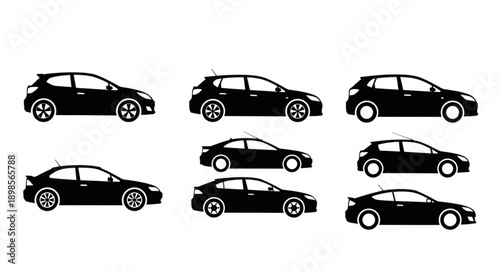 Collection of black car silhouettes on white background.