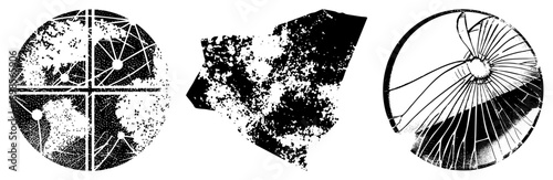 Vector art featuring fragmented circular forms, halftone dot textures, radial cracks, and abstract shapes in, ideal for graphic design or UI elements.