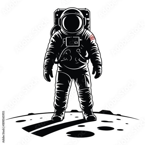 Astronaut standing on moon surface with footprints behind in space suit exploration mission silhouette isolated on transparent background