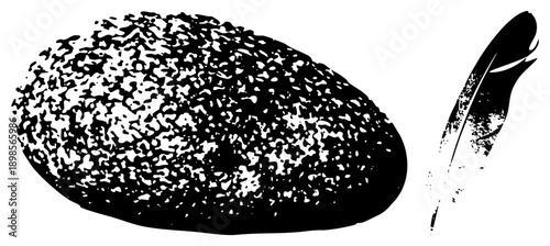 Ripe avocado with speckled skin texture, quill pen with inked tip, black and white vector art, minimalist illustration, writing tool, fruit, stylized graphic.