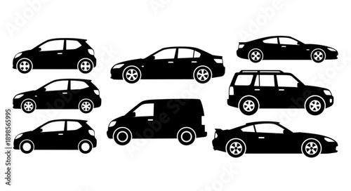 Collection of black car silhouettes on a white background.