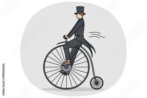 Man in tailcoat rides vintage penny farthing bicycle, imagining time travel to last century. Guy uses fancy bicycle while performing on circus stage to surprise audience who came to show.