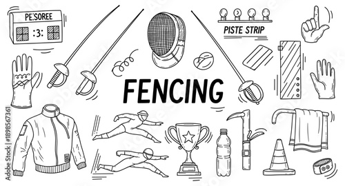 Hand-drawn doodle illustration of fencing equipment and action poses for sports and competition