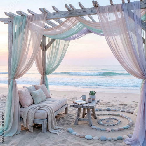 A romantic gazebo adorned with sheer pastel drapery and a couch sits on the beach sand, accompanied by the backdrop of crashing waves