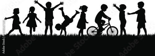 Children playing outdoors silhouette showing happy kids running, jumping, cycling together in nature black illustration scene