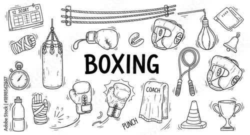 Doodle illustration of boxing equipment and training tools with the word boxing