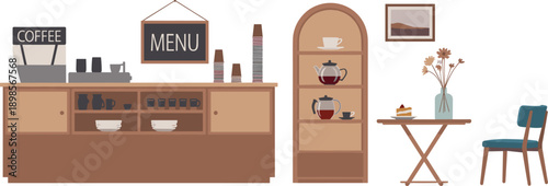 coffee, cafe, interior, counter, menu, illustration, vector, flat, modern, design, furniture, chair, table, beverage, barista, decor, shop, cozy, restaurant, background
