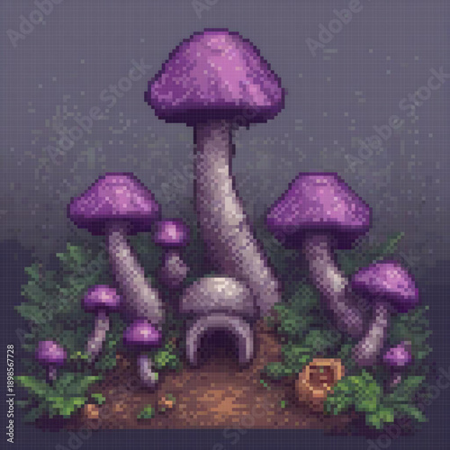 The image showcases a scene with a large purple mushroom, several smaller purple mushrooms, a stone structure, and a forest background. It's a pixel art representation.