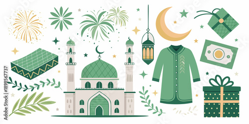 Vibrant Eid celebration with mosque, gifts, and festive decorations