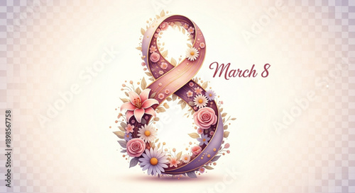 International women's day floral ribbon design with pink flowers and march 8 text on beige background
