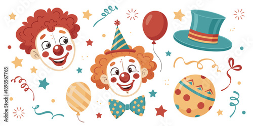 Joyful clown faces with festive party decorations and balloon, cute vector icon set