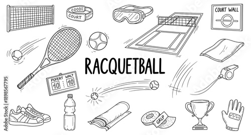 Racquetball sport equipment and court elements hand-drawn illustration collection