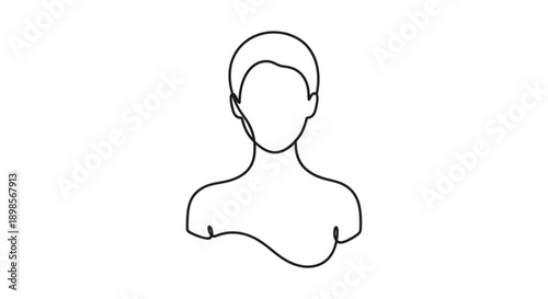 Continuous line drawing of a faceless person from the shoulders up on a white background