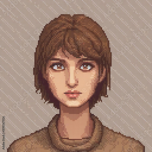 A pixel art image of a woman with brown hair, brown eyes, and a brown sweater, set against a gray background.