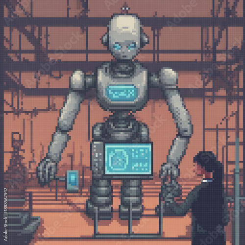 A humanoid robot stands next to a woman, with a monitor showing data. The robot has a blue face and a large screen. The scene appears to be pixel art.