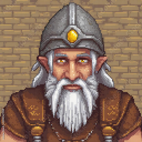 A pixel art image of an old man with a helmet, beard, and a yellow gem on his helmet.