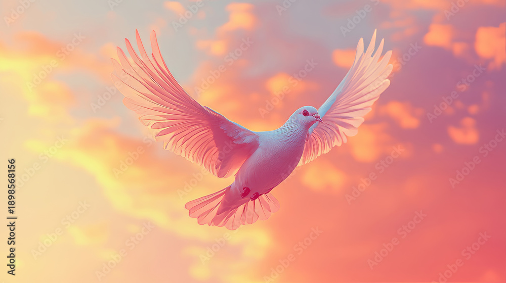 Obraz premium A graceful white dove in full flight, its wings outstretched against a vibrant pink and orange sunset sky with soft, glowing clouds. Ethereal and peaceful digital art