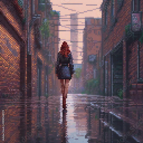 A woman in a trench coat walks down a rain-soaked city street, with reflections of buildings and streetlights in the water.