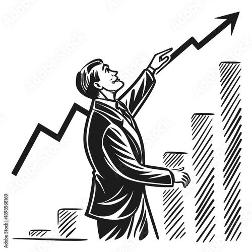 Businessman pointing at rising chart, business growth concept, linocut style vector illustration, thick expressive lines, vintage linocut print look, black and white only, no gradients, no texture noi