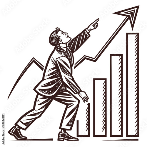 Businessman pointing at rising chart, business growth concept, linocut style vector illustration, thick expressive lines, vintage linocut print look, black and white only, no gradients, no texture noi
