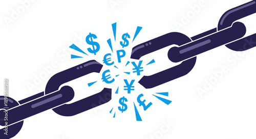 Financial Crisis Concept: Broken Chain Link Explodes with Global Currency Symbols ($ â‚¬ Â¥ Â£). Economic Instability and Market Shock Vector.