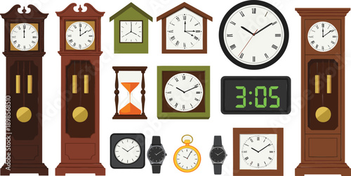 Clock collection illustration set with wall clocks, grandfather clocks, digital timer, watches and hourglass time symbols