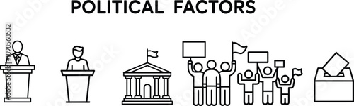 Political factors concept illustration with government protest voting and leadership icons outline style isolated on white background