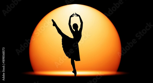 Silhouette of a dancer in a graceful pose against a vibrant orange sunset background with dramatic lighting