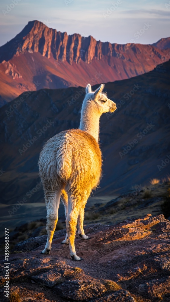 Fototapeta premium Majestic Llama Standing on Rocky Outcrop with Mountain Sunset View