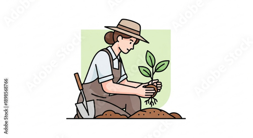 Woman in overalls and hat planting green seedling in soil with shovel nearby outdoors
