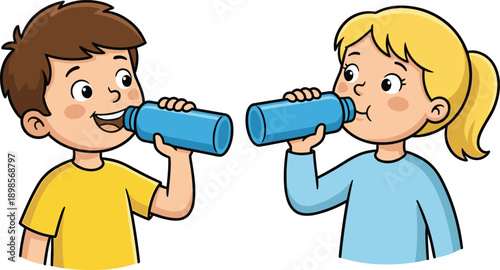 Happy cartoon children drinking water from bottles, healthy hydration concept illustration isolated on white background for kids education wellness school lifestyle health promotion