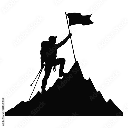 Silhouette of successful hiker reaching mountain peak planting flag with backpack and trekking poles achievement concept isolated