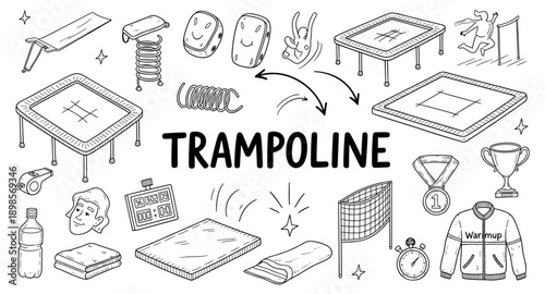 Trampoline and gymnastics equipment doodle collection for sports and fitness