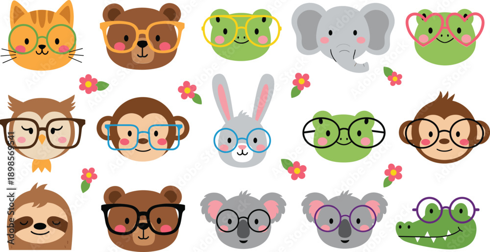 Fototapeta premium Cute animal face avatar set with eyeglasses featuring cat bear frog elephant rabbit monkey and woodland characters
