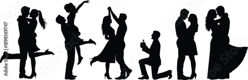 Romantic couple silhouettes showing love proposal dance wedding moments, engagement celebration relationships, black isolated figures, elegant minimal vector illustration set