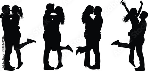 Romantic couple silhouettes kissing hugging jumping, love passion relationship moments, joyful emotions, black isolated figures, elegant minimal vector illustration set