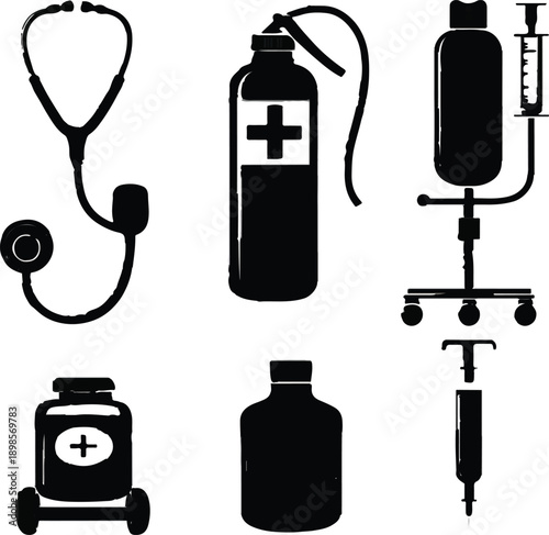 Black silhouettes representing essential medical equipment and first aid supplies for healthcare