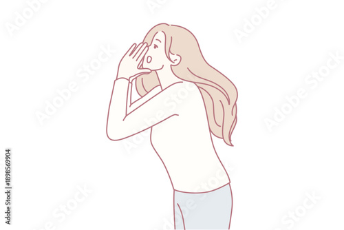 Blonde woman putting hands to mouth screaming inviting everyone to promotion or sale. Lady in casual clothes loudly calls you to pay attention using palms instead of megaphone. Flat vector design