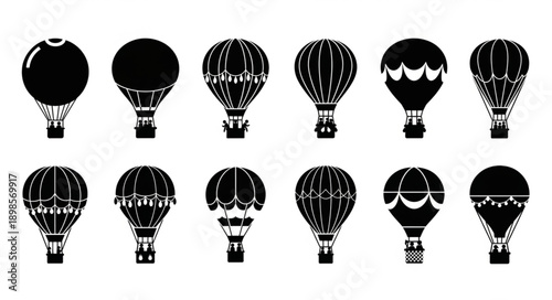 Collection of black hot air balloon icons on white background.