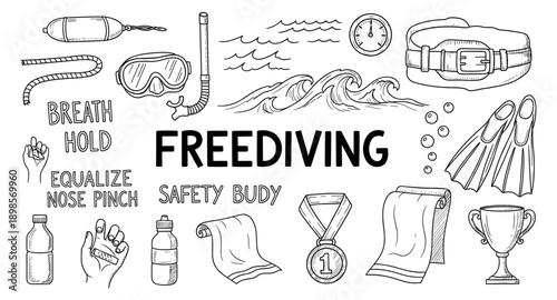 Collection of hand-drawn freediving equipment and concepts for water sports enthusiasts