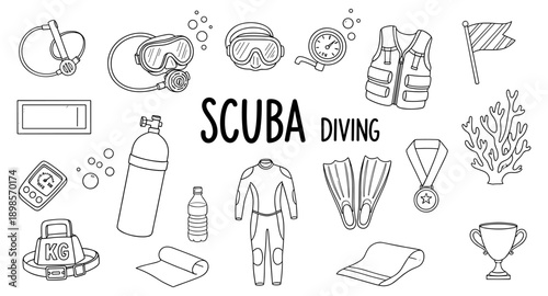 Collection of hand-drawn scuba diving equipment and symbols for underwater exploration