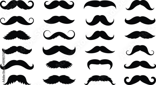 Black mustache icon collection with vintage barber styles masculine facial hair silhouettes vector set isolated minimalist illustration