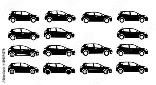 Collection of black car silhouettes viewed from the side.
