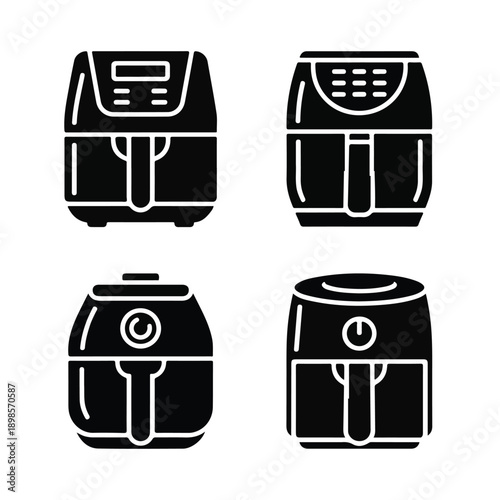 “Air Fryer Silhouette Icon Set – Black & White Flat Vector Collection”