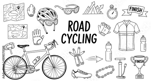 Collection of road cycling equipment and symbols for racing and training