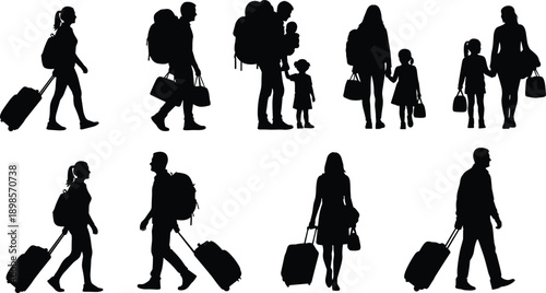 Travelers and family silhouettes, airport luggage walking poses, parents children journey concept, tourism vacation people, black vector illustration set